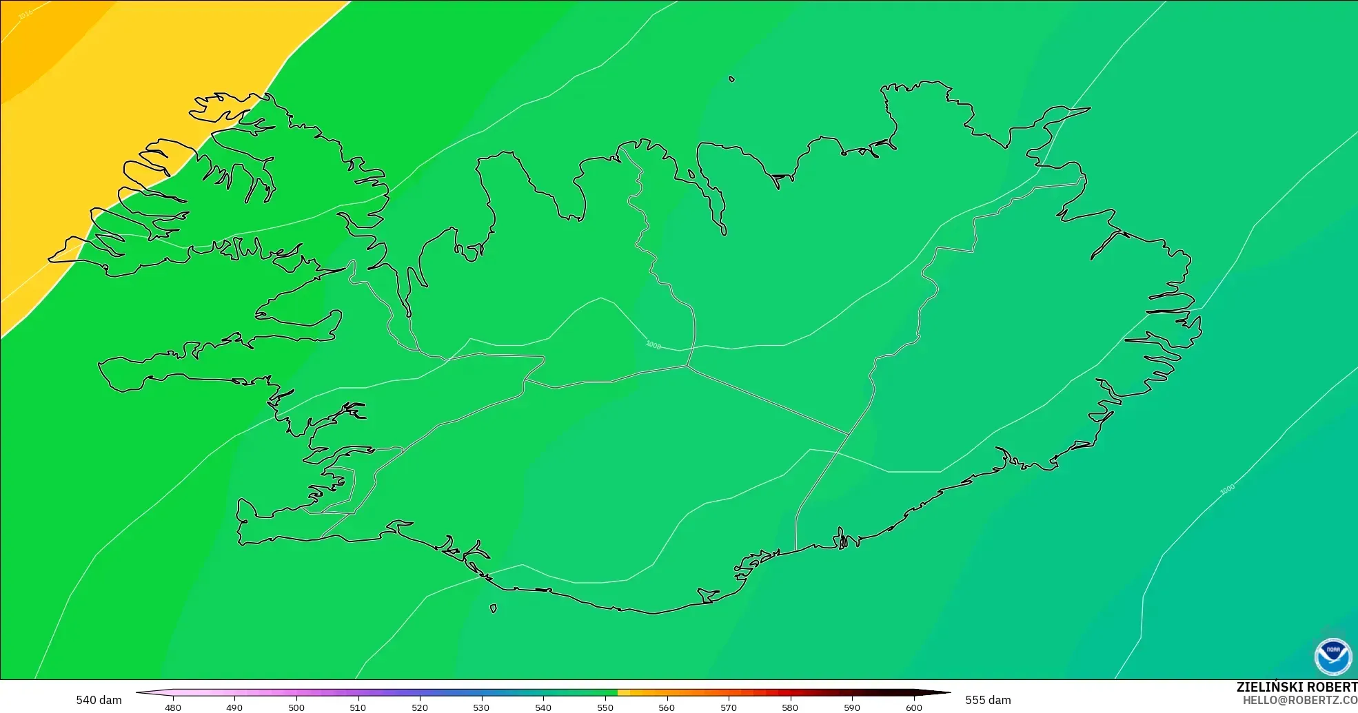 GFS modelo - Islandia, Altura geopotencial a 500 hPa