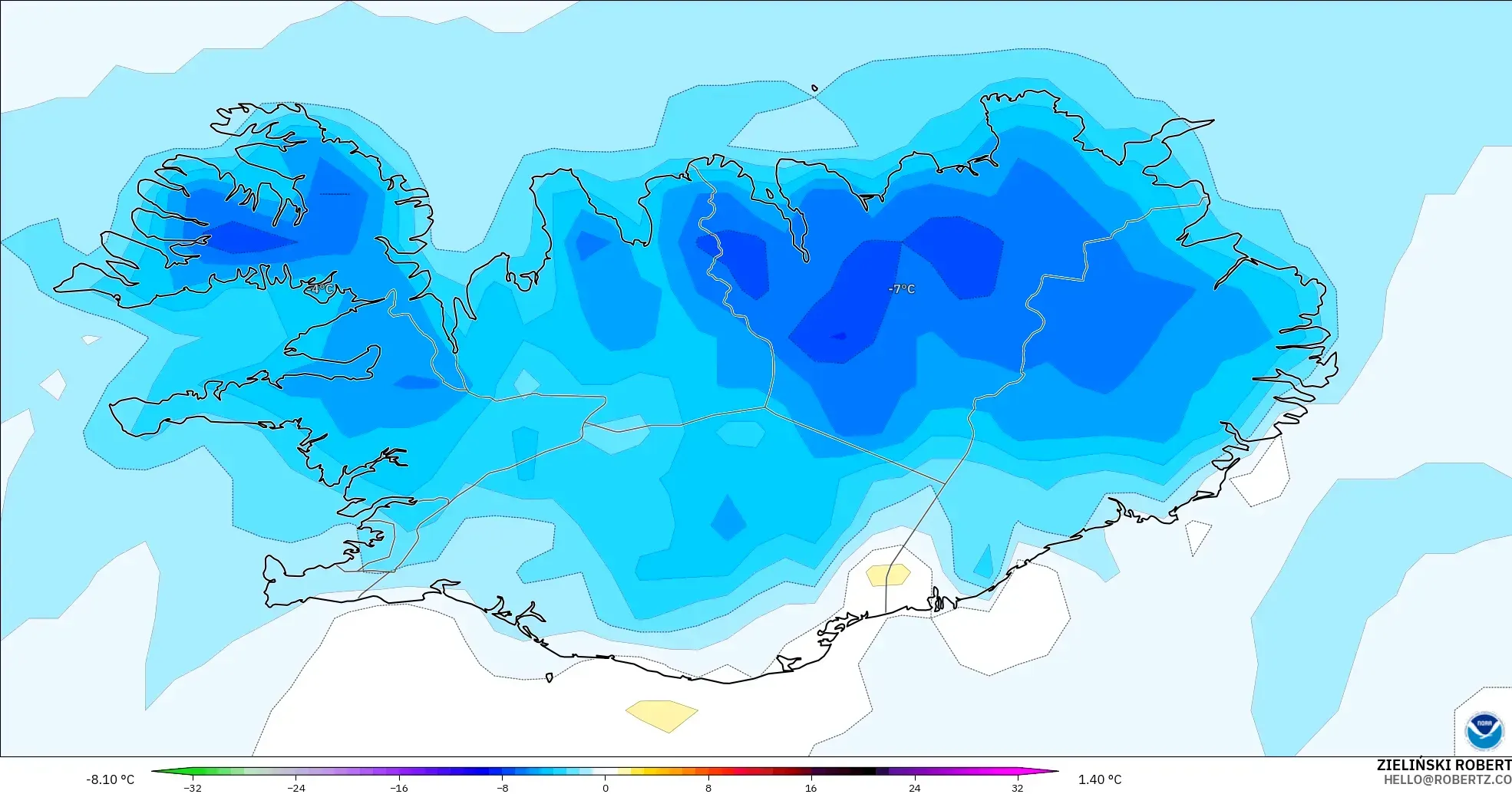 GFS modelo - Islandia, Anomalía de temperatura a 2 m