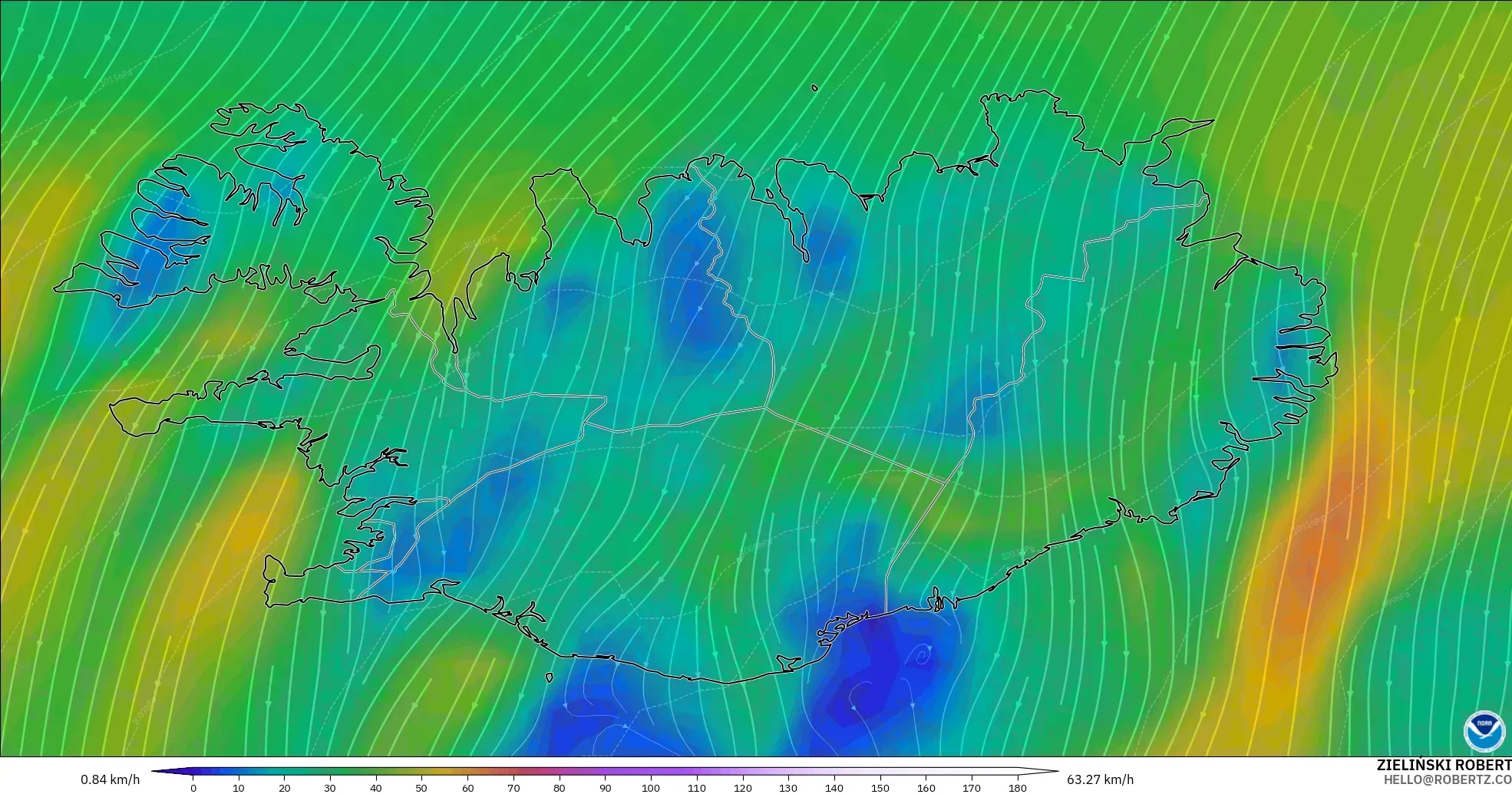 GFS modelo - Islandia, Viento a 10 m