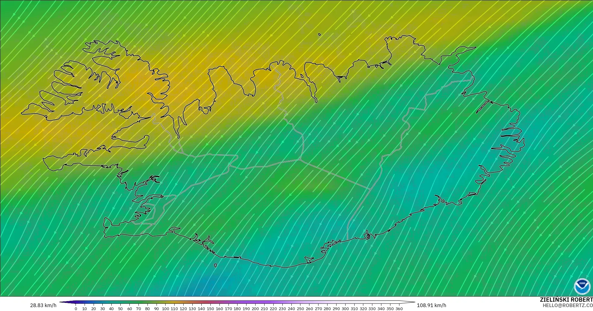 GFS modelo - Islandia, Viento a 300 hPa (corriente en chorro)