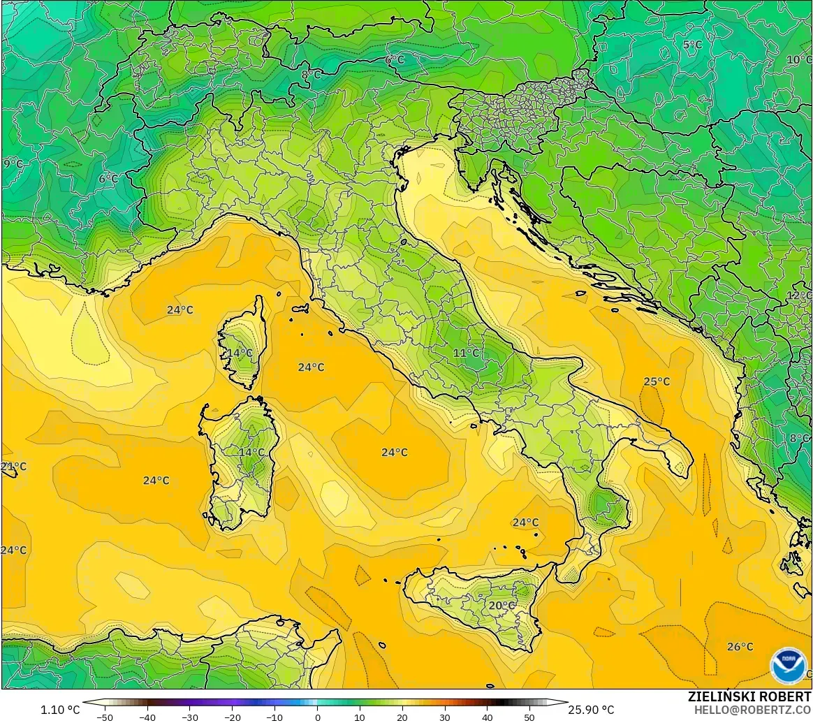 GFS modelo - Italia, Punto de rocío a 2 m