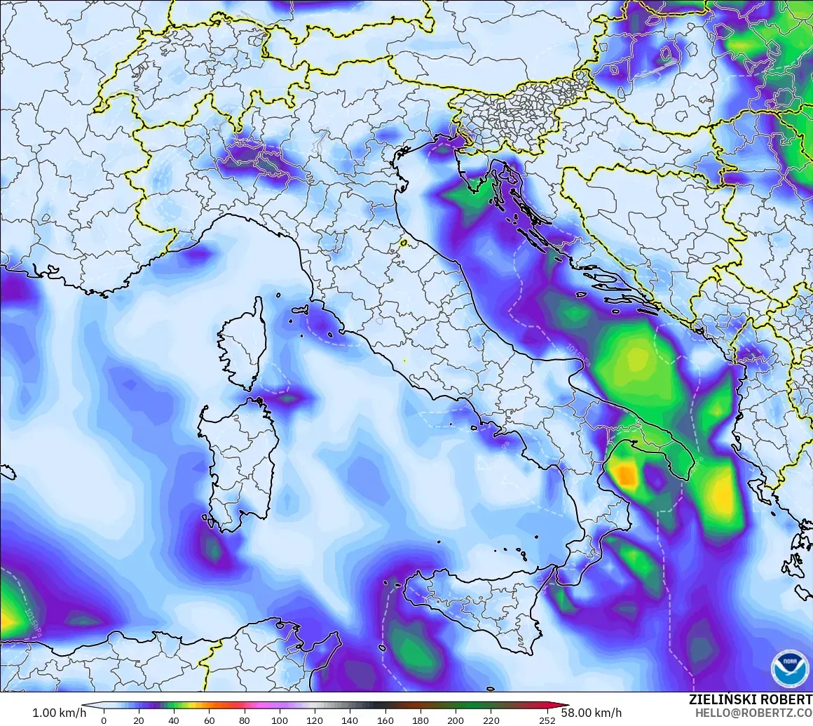 GFS modelo - Italia, Ráfagas de viento