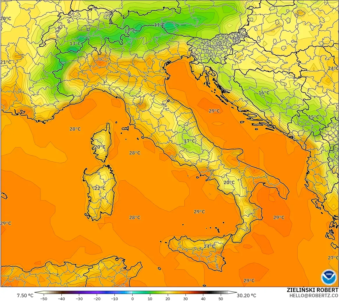 GFS modelo - Italia, Temperatura a 2 m