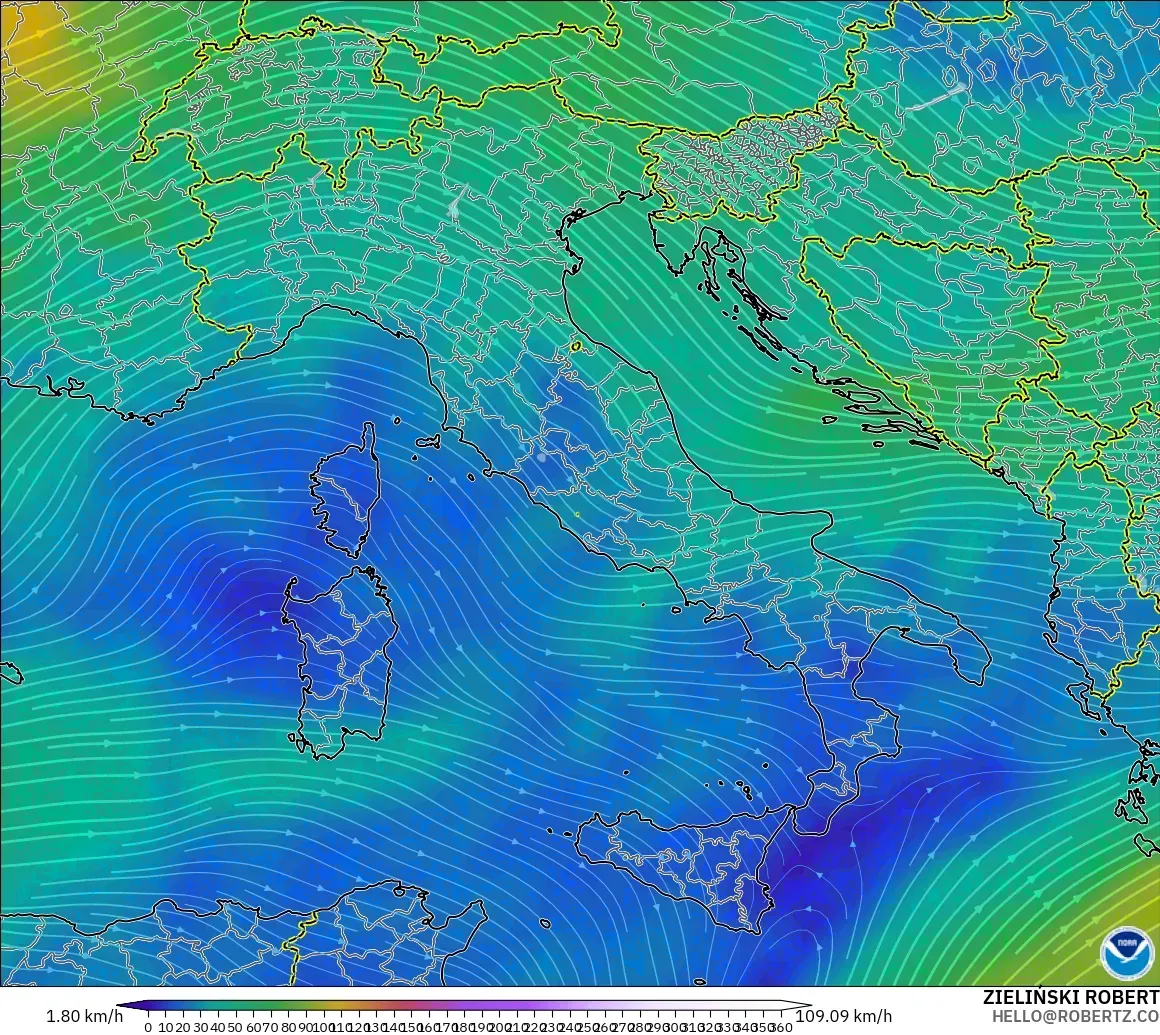 GFS modelo - Italia, Viento a 300 hPa (corriente en chorro)