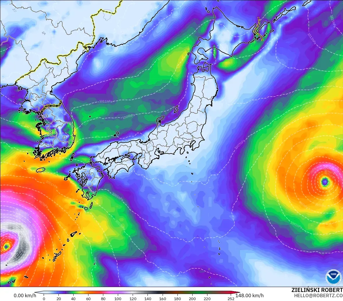 GFS modelo - Japón, Ráfagas de viento