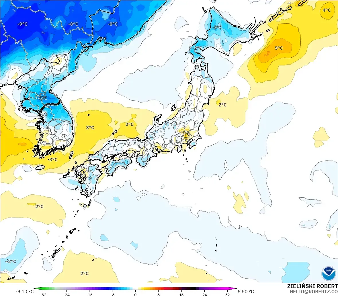 GFS modelo - Japón, Anomalía de temperatura a 2 m