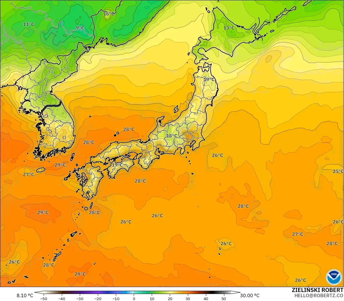 GFS modelo - Japón, Temperatura a 2 m