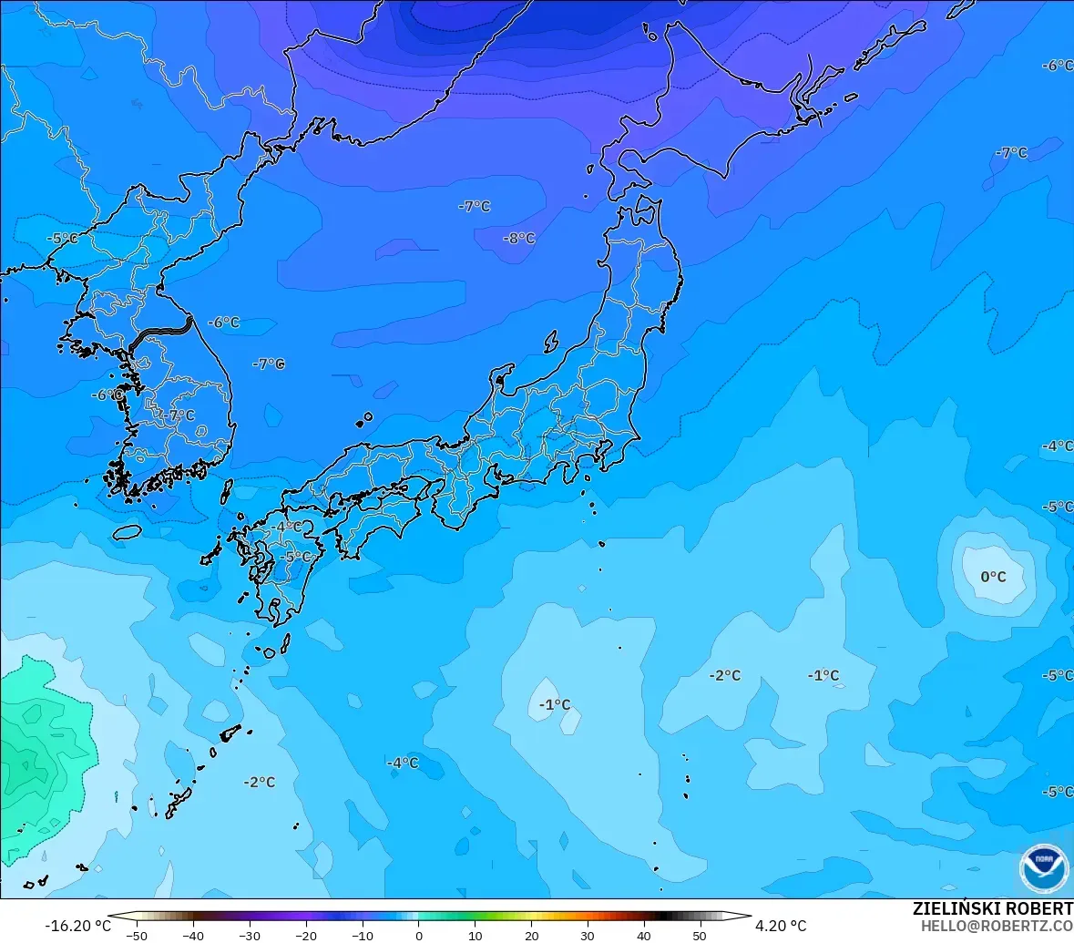 GFS modelo - Japón, Temperatura a 500 hPa