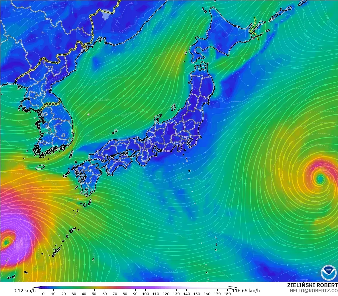 GFS modelo - Japón, Viento a 10 m