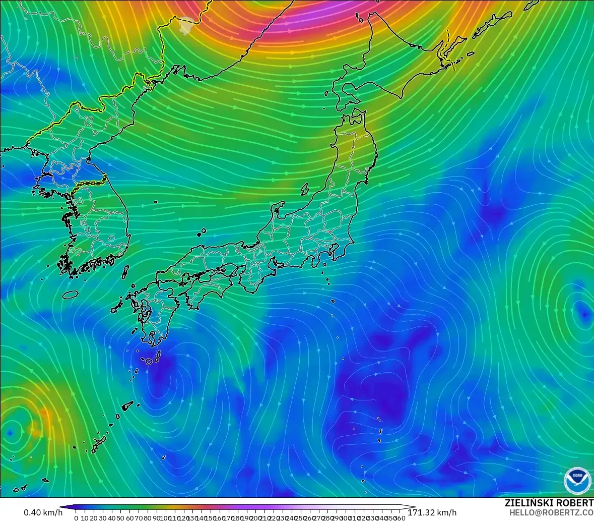 GFS modelo - Japón, Viento a 300 hPa (corriente en chorro)