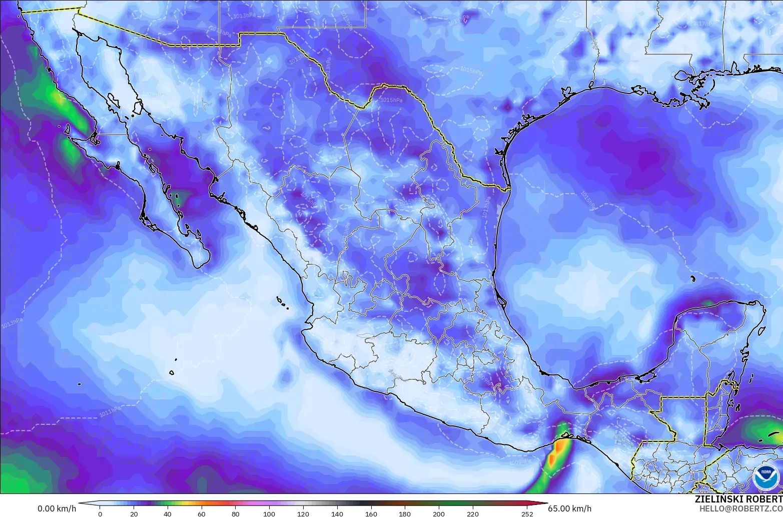 GFS modelo - México, Ráfagas de viento