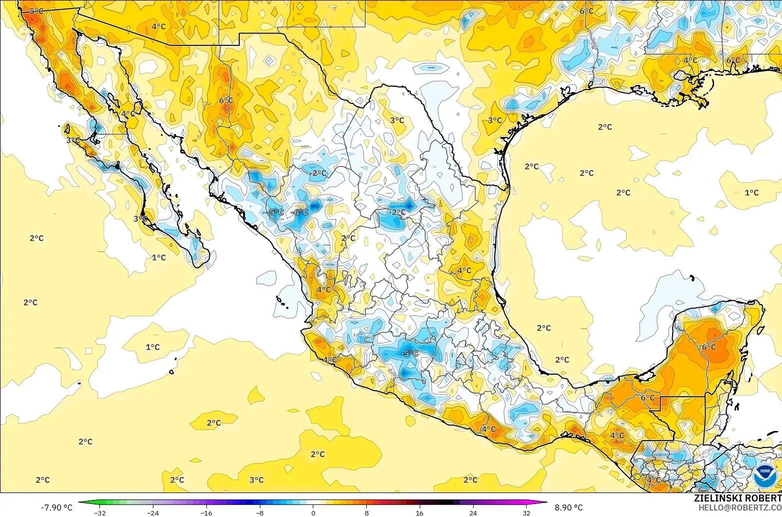 GFS modelo - México, Anomalía de temperatura a 2 m