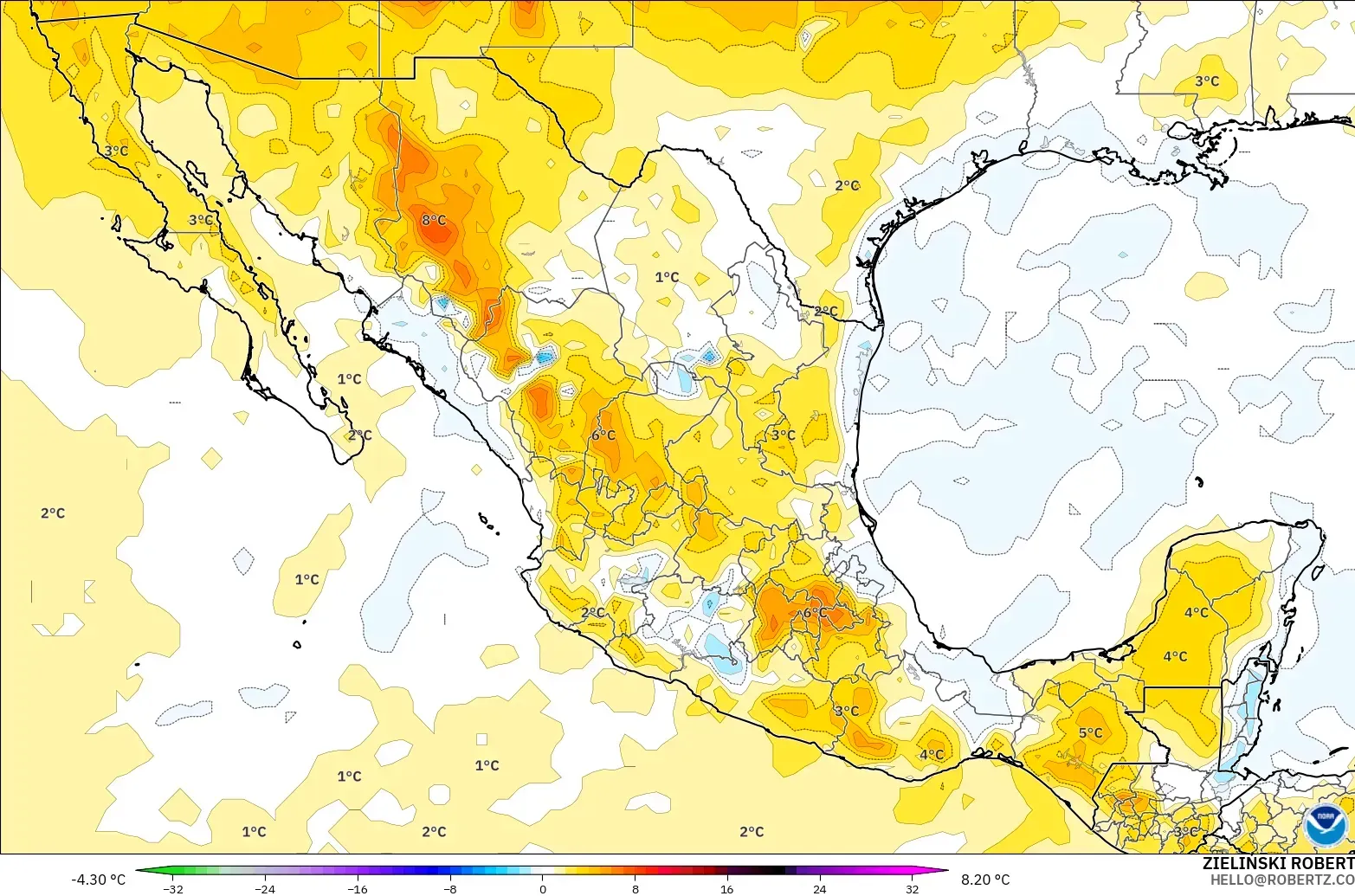GFS modelo - México, Anomalía de temperatura a 850 hPa