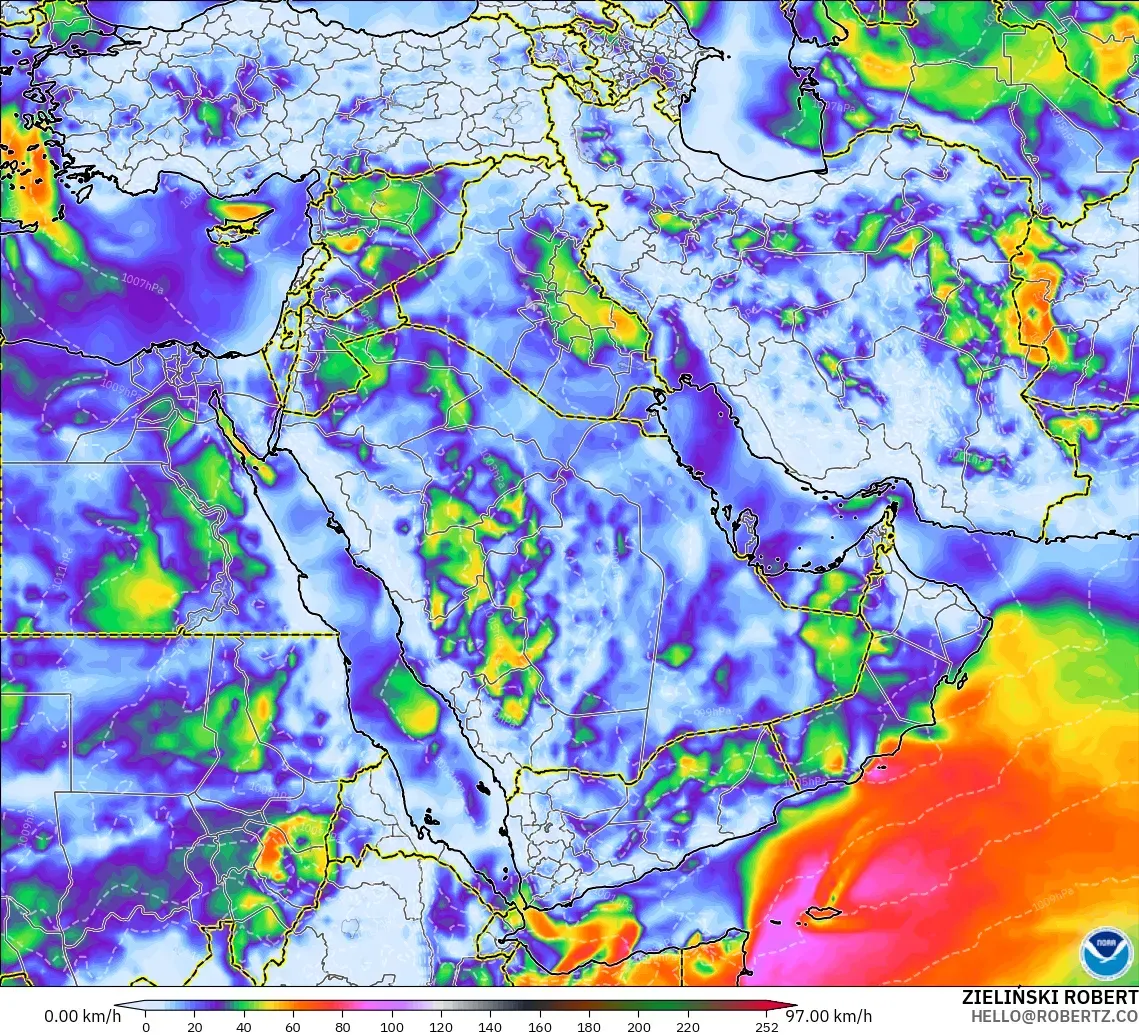 GFS modelo - Oriente Medio, Ráfagas de Viento Máximas