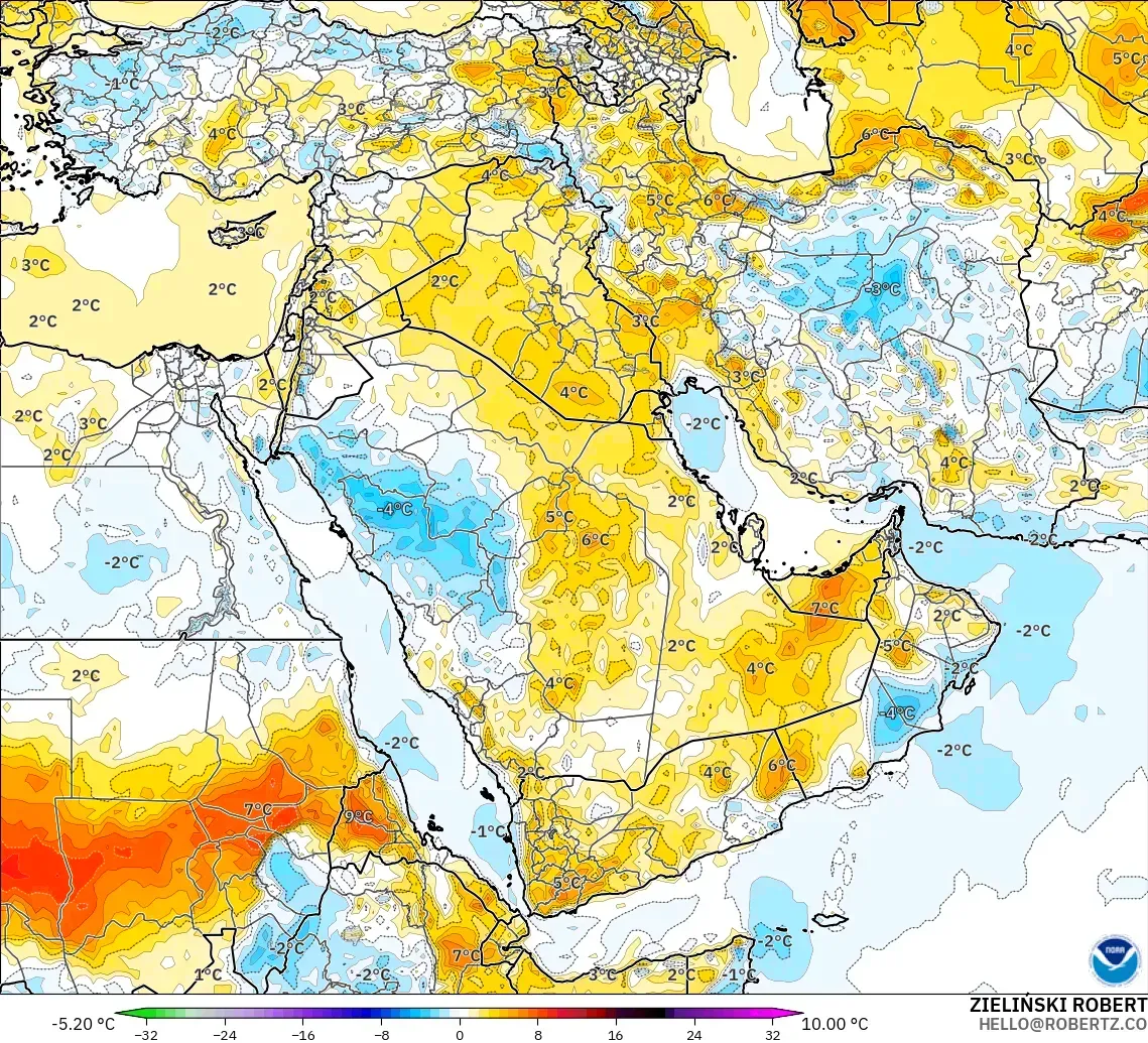 GFS modelo - Oriente Medio, Anomalía de temperatura a 2 m