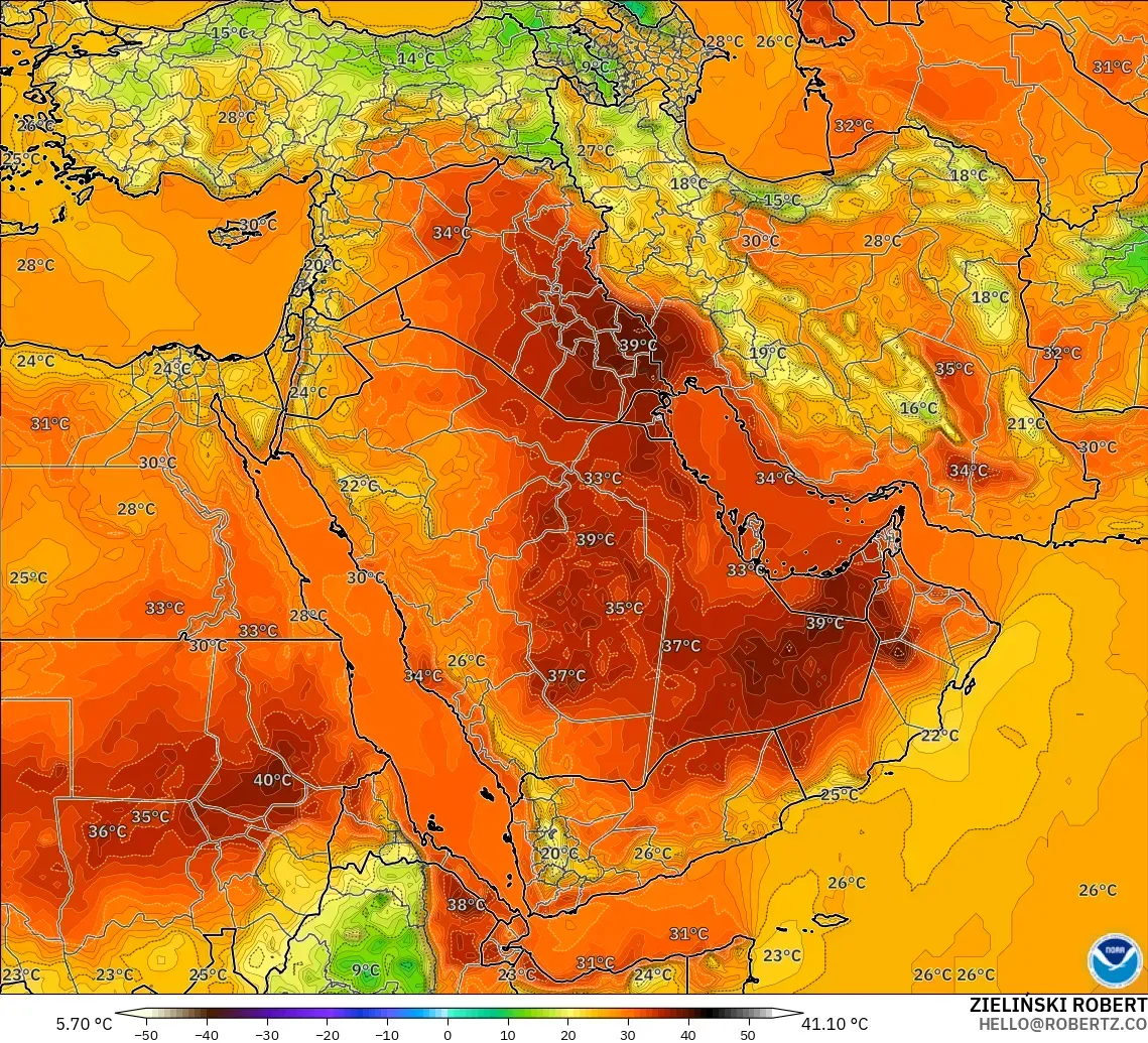 GFS modelo - Oriente Medio, Temperatura a 2 m