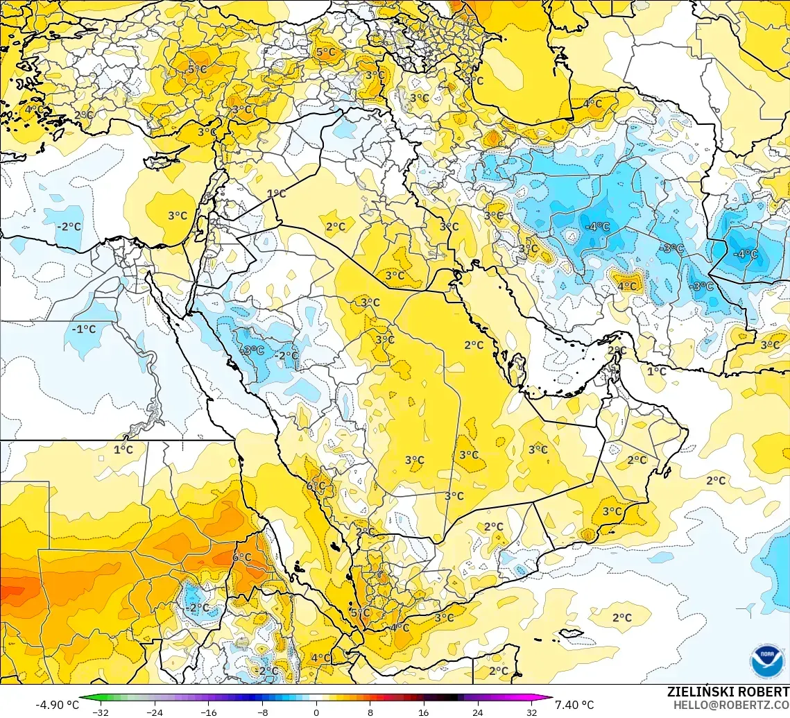 GFS modelo - Oriente Medio, Anomalía de temperatura a 850 hPa