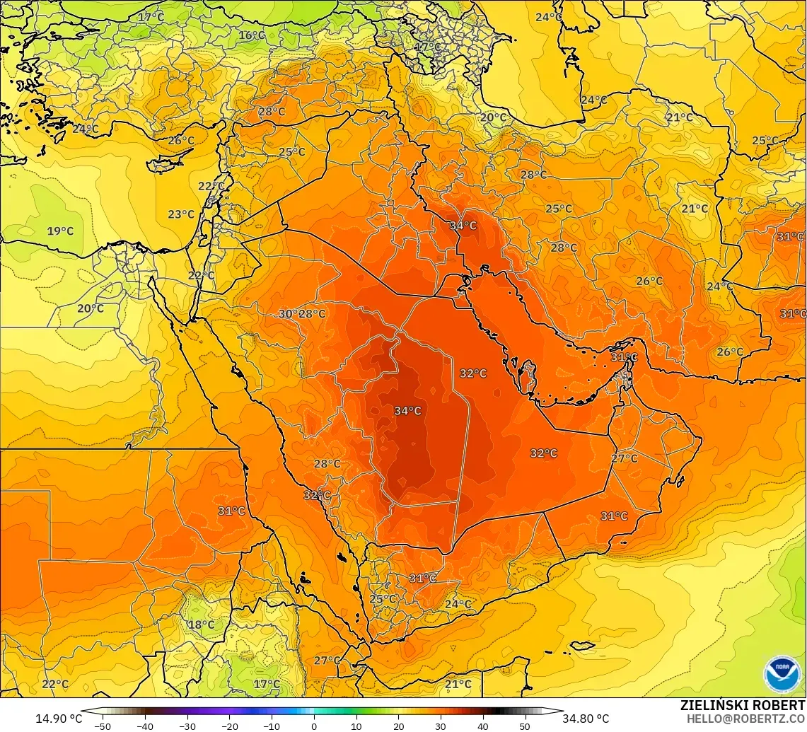 GFS modelo - Oriente Medio, Temperatura a 850 hPa