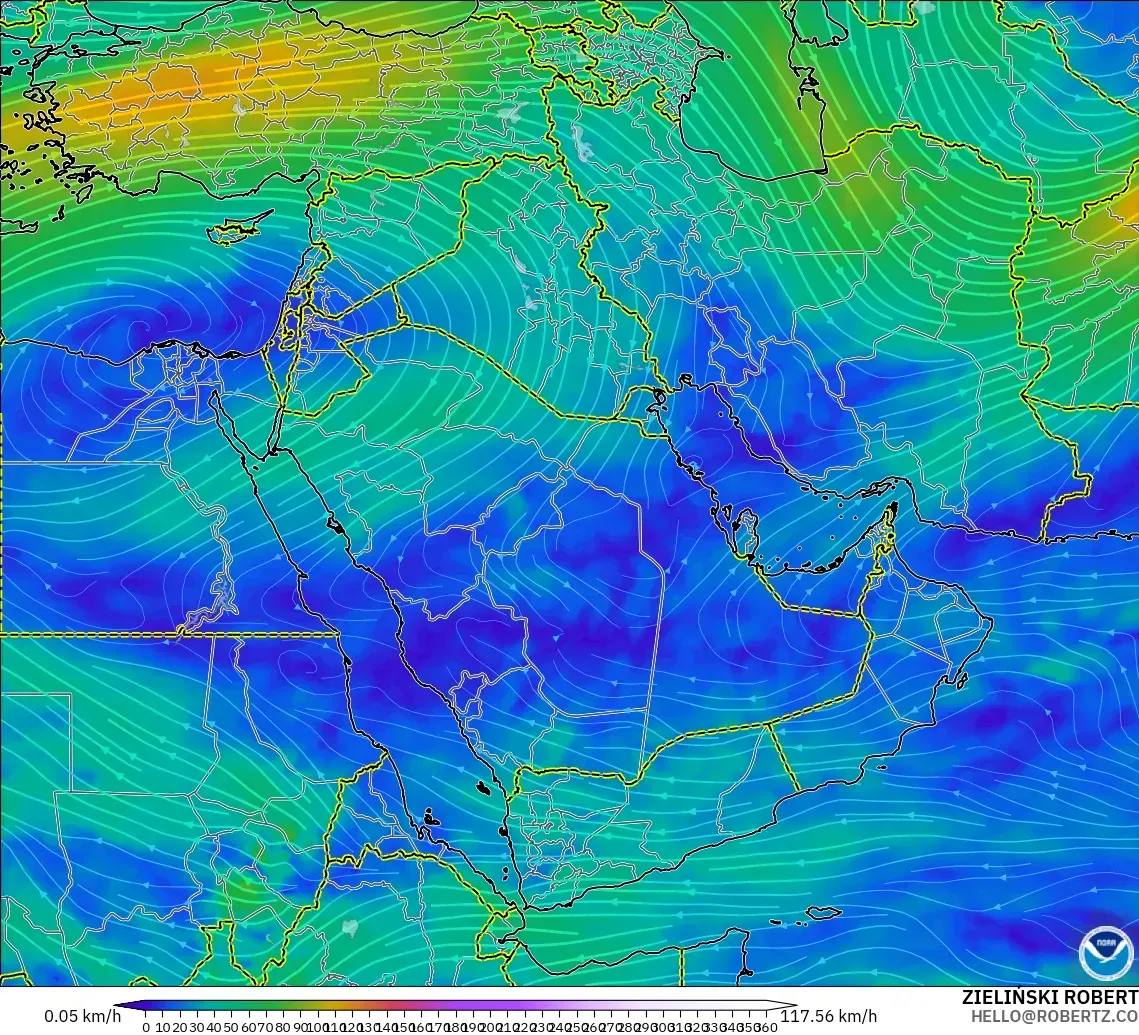 GFS modelo - Oriente Medio, Viento a 300 hPa (corriente en chorro)