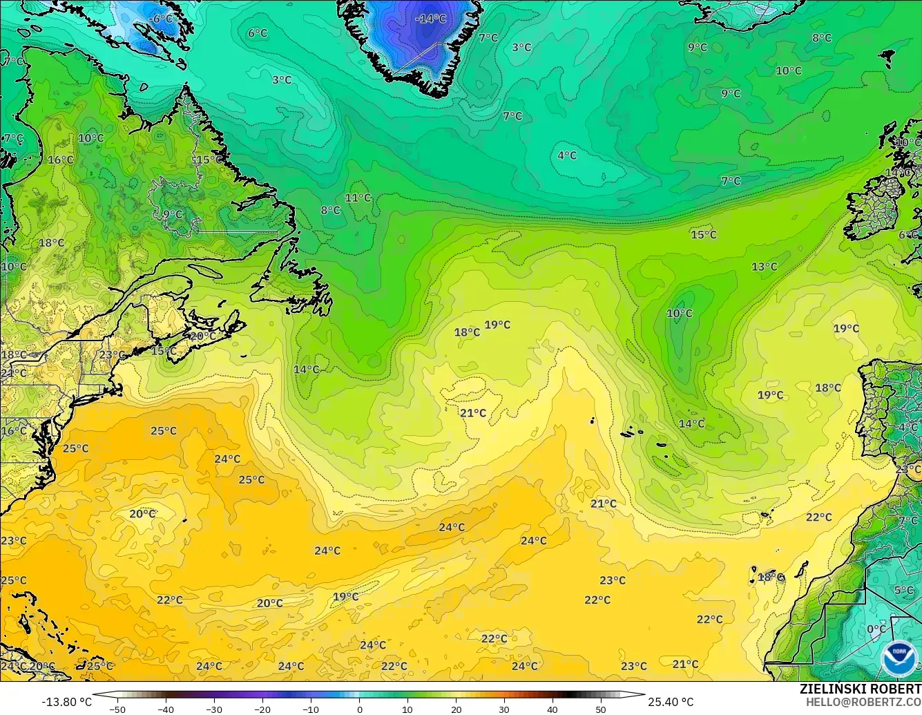 GFS modelo - Norte Atlántico, Punto de rocío a 2 m