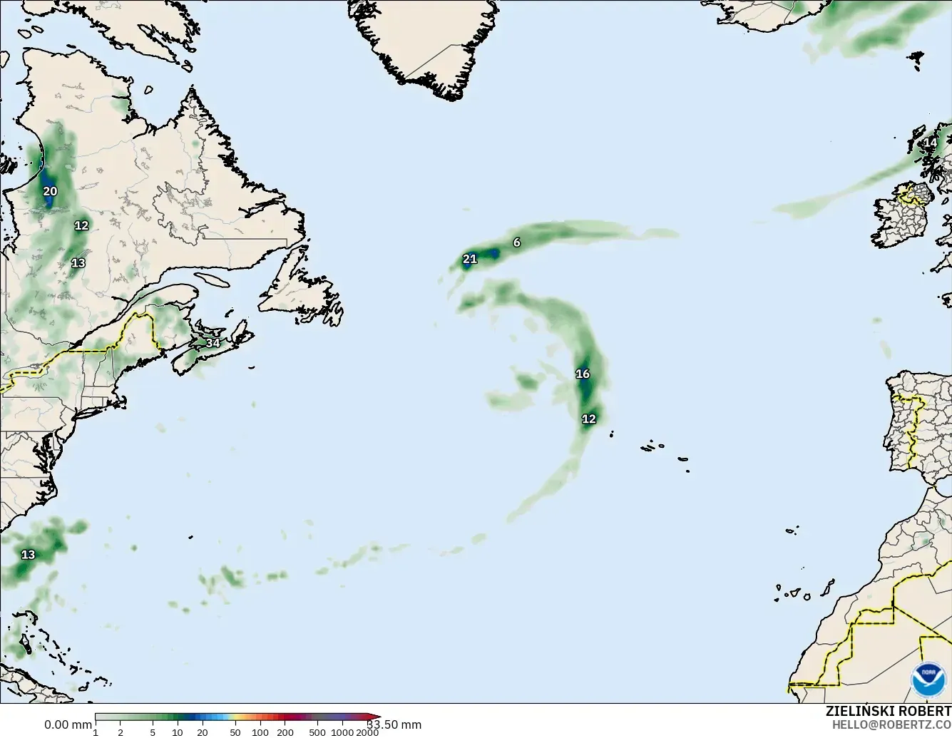 GFS modelo - Norte Atlántico, Acumulación de precipitación