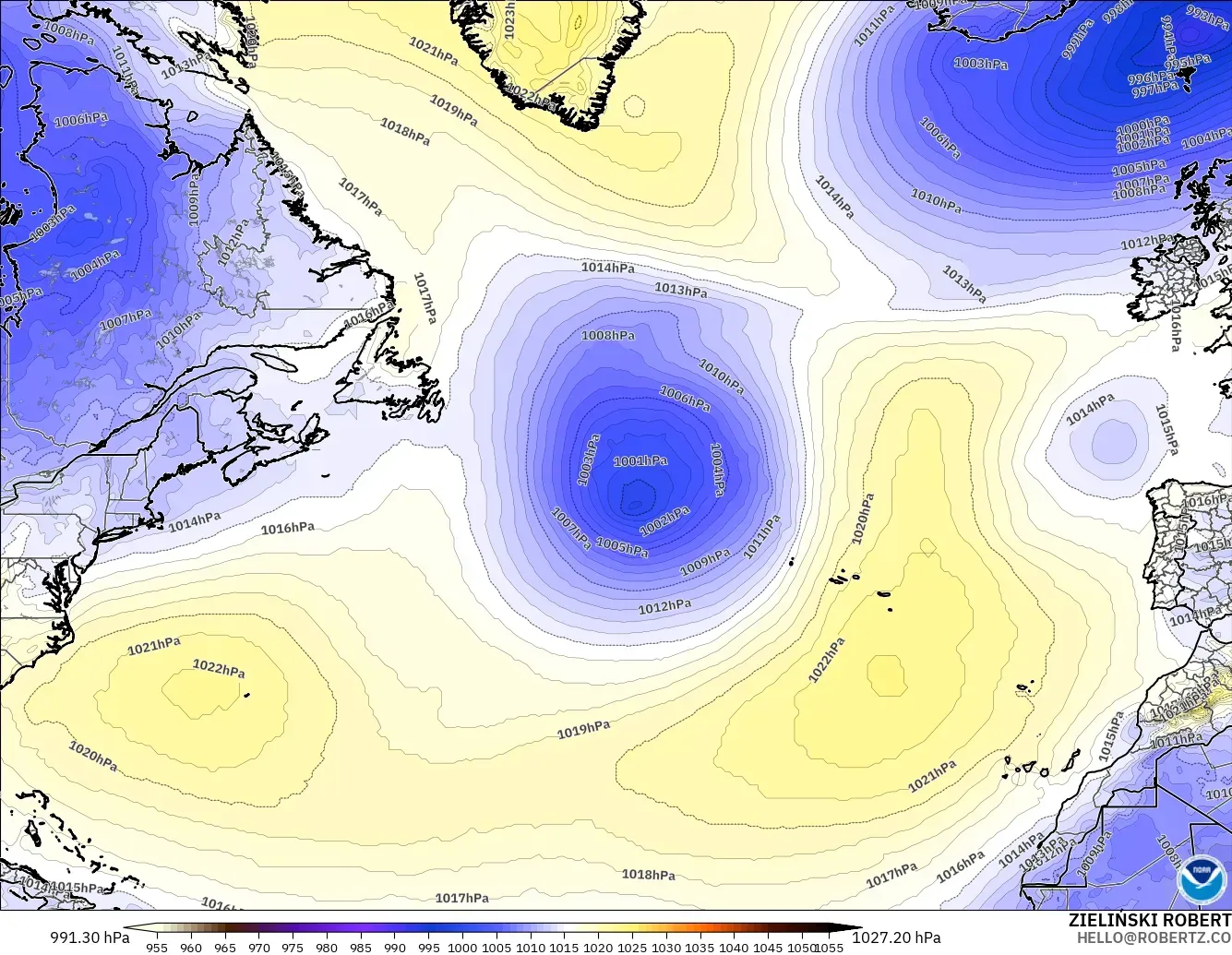 GFS modelo - Norte Atlántico, Presión
