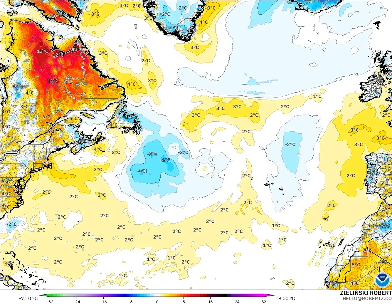 GFS modelo - Norte Atlántico, Anomalía de temperatura a 2 m