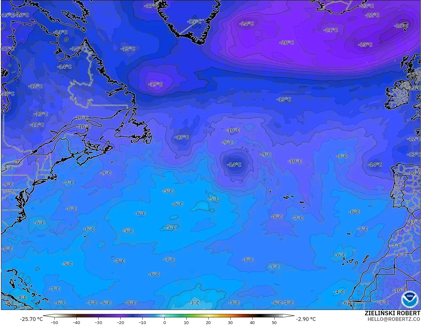 GFS modelo - Norte Atlántico, Temperatura a 500 hPa