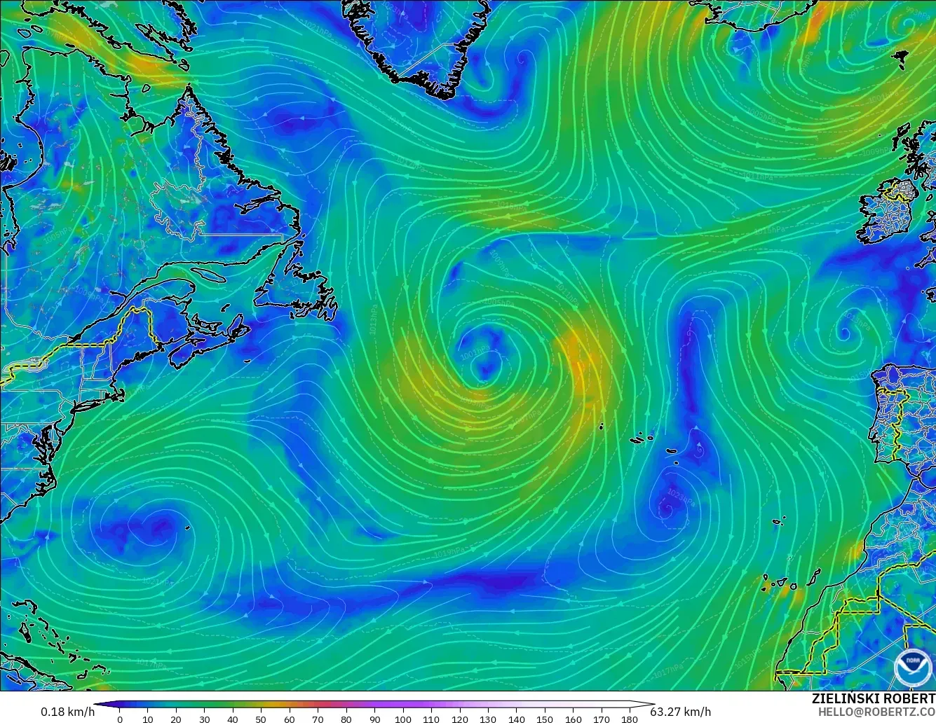 GFS modelo - Norte Atlántico, Viento a 10 m