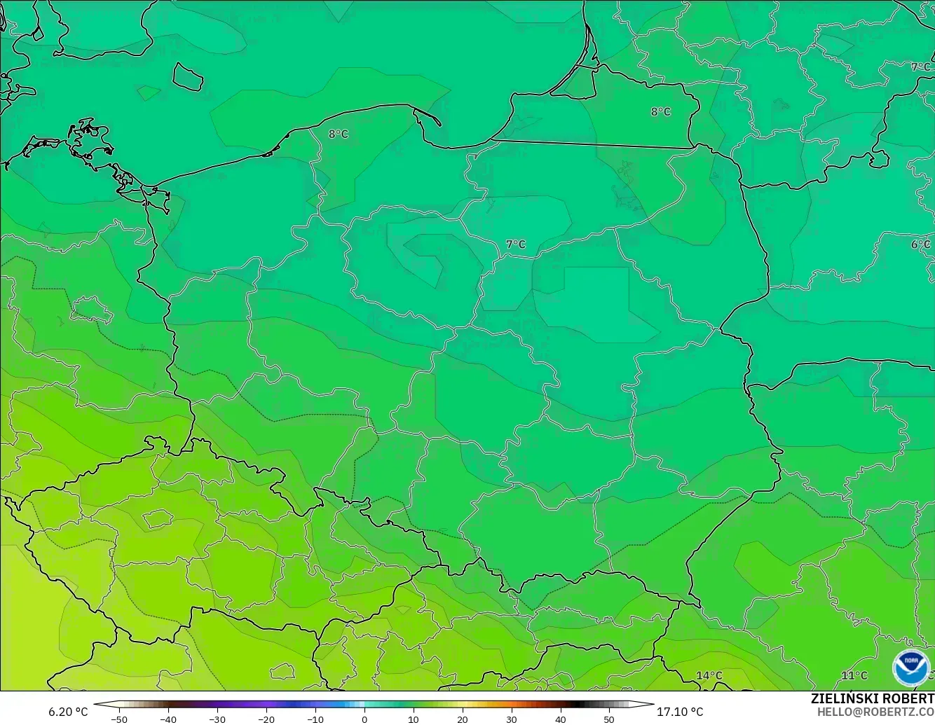 GFS modelo - Polonia, Temperatura a 850 hPa