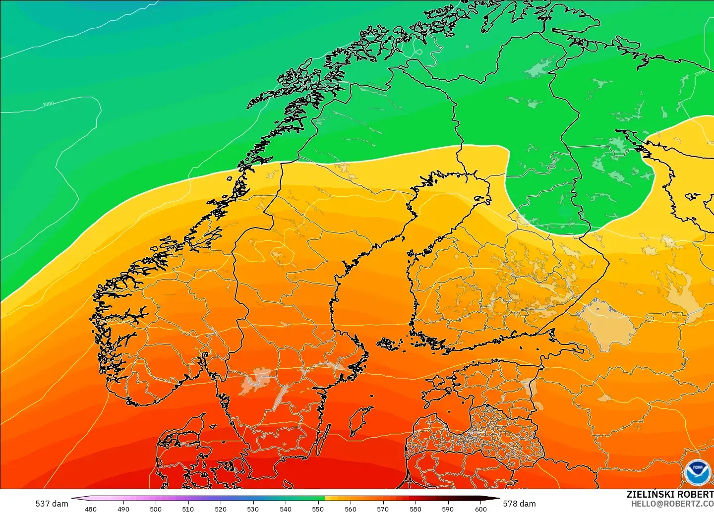 GFS modelo - Escandinavia, Altura geopotencial a 500 hPa