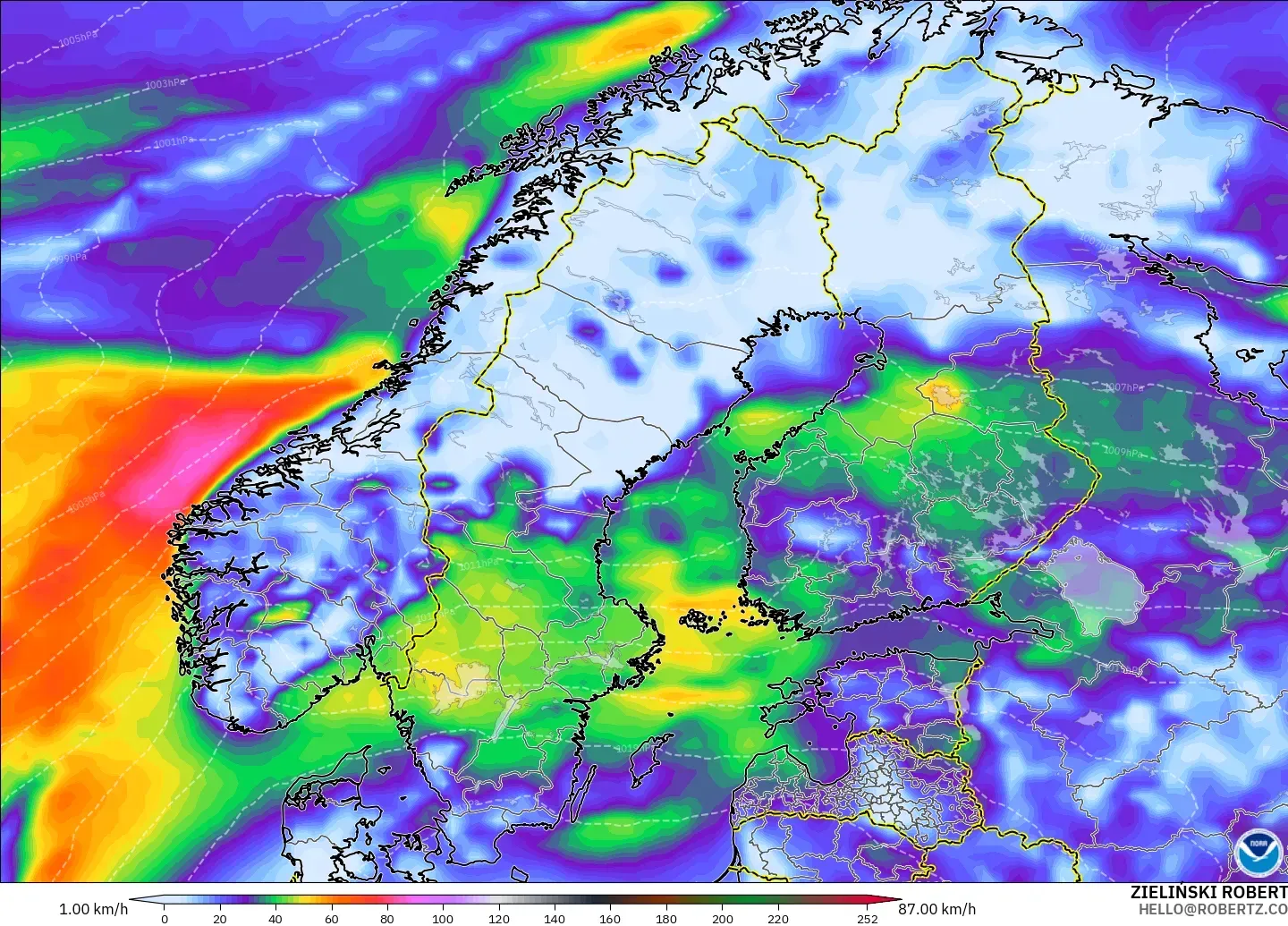 GFS modelo - Escandinavia, Ráfagas de viento