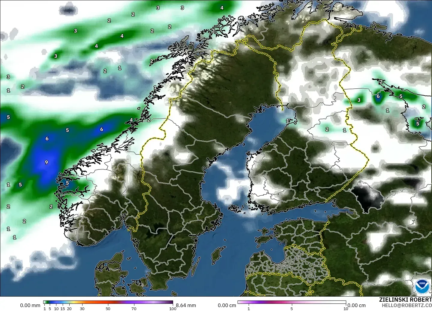 GFS modelo - Escandinavia, Precipitación, nubes y presión