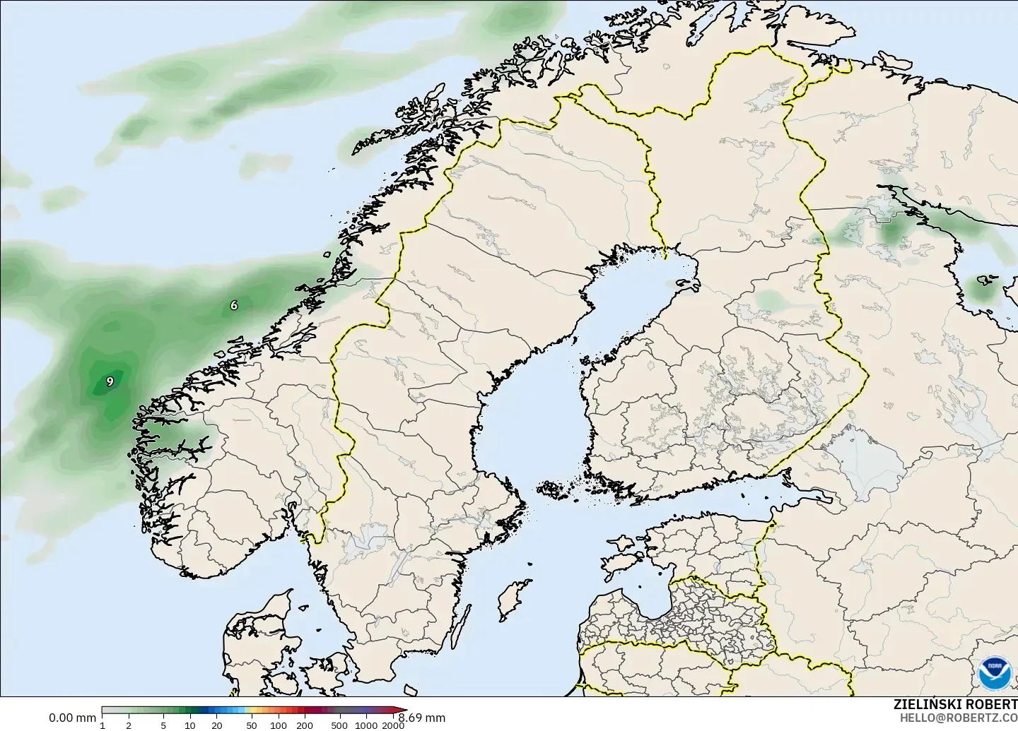 GFS modelo - Escandinavia, Acumulación de precipitación