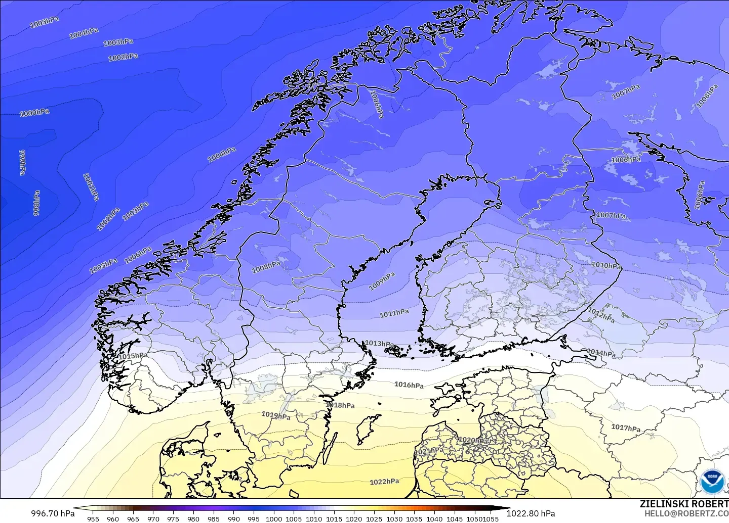 GFS modelo - Escandinavia, Presión