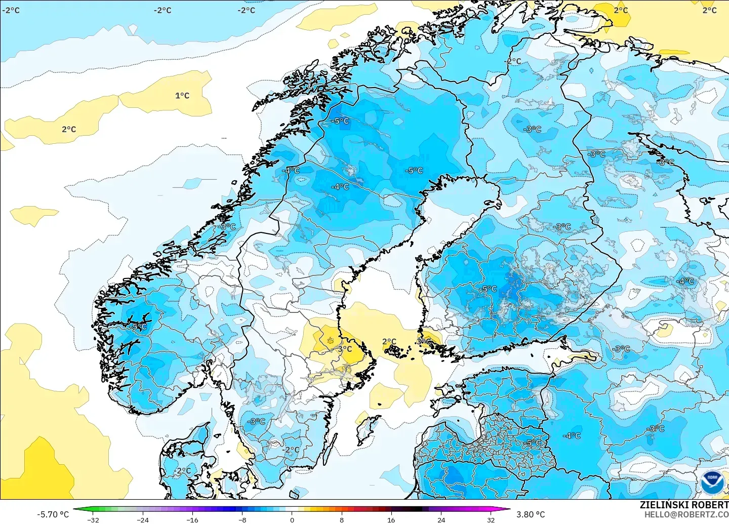 GFS modelo - Escandinavia, Anomalía de temperatura a 2 m