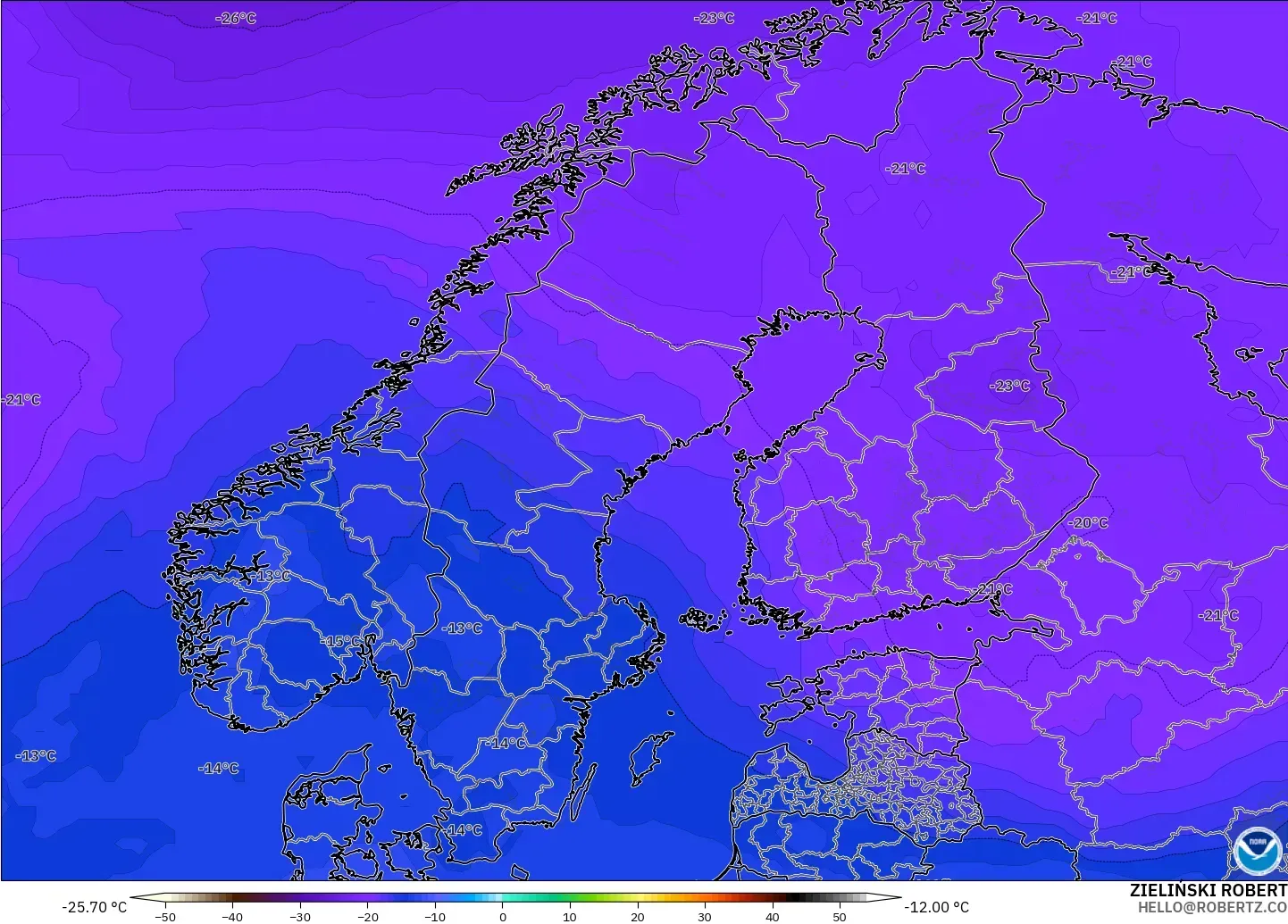 GFS modelo - Escandinavia, Temperatura a 500 hPa