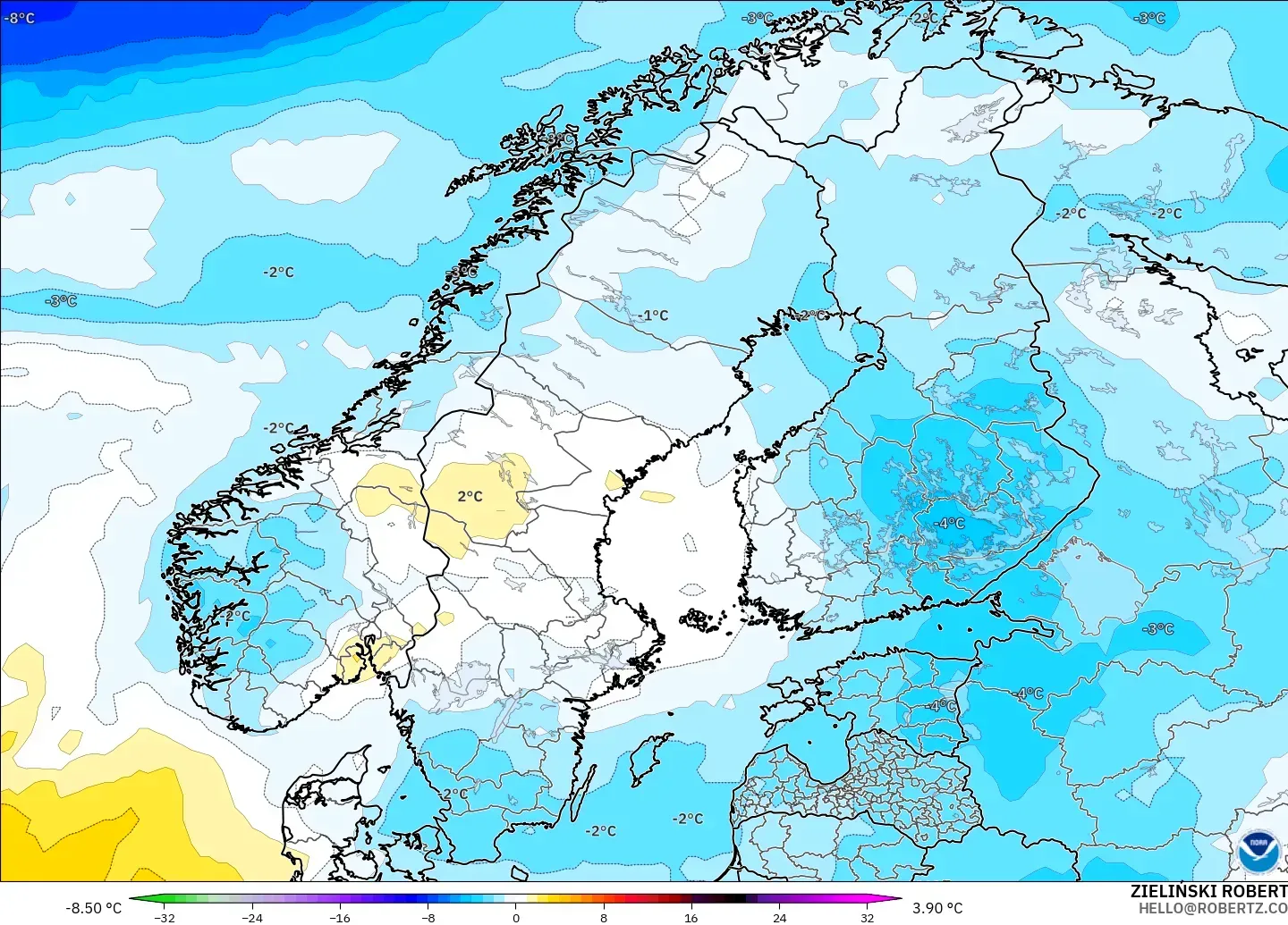 GFS modelo - Escandinavia, Anomalía de temperatura a 850 hPa