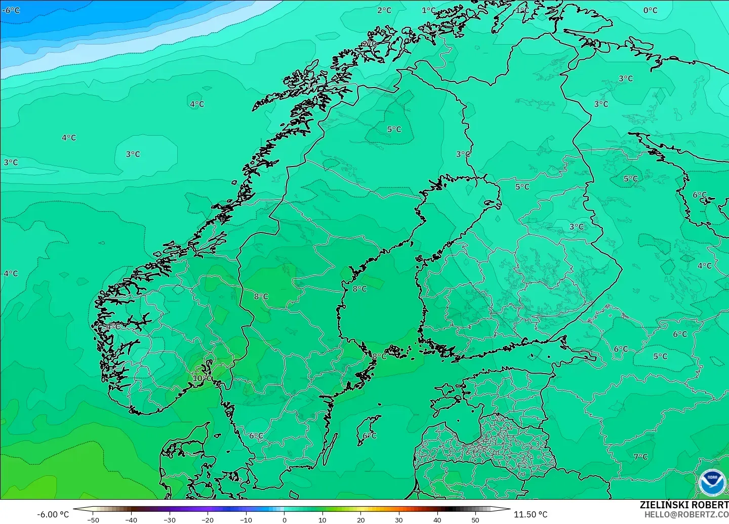 GFS modelo - Escandinavia, Temperatura a 850 hPa