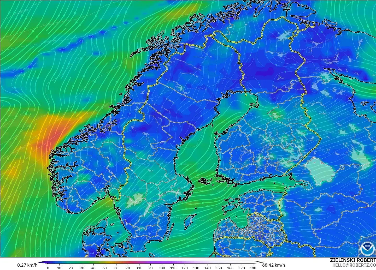 GFS modelo - Escandinavia, Viento a 10 m