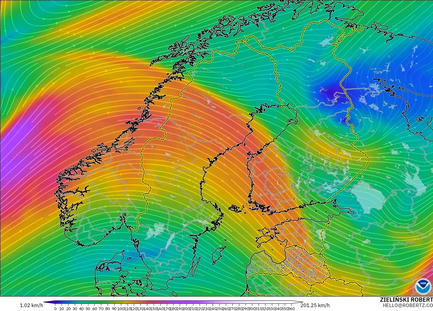 GFS modelo - Escandinavia, Viento a 300 hPa (corriente en chorro)