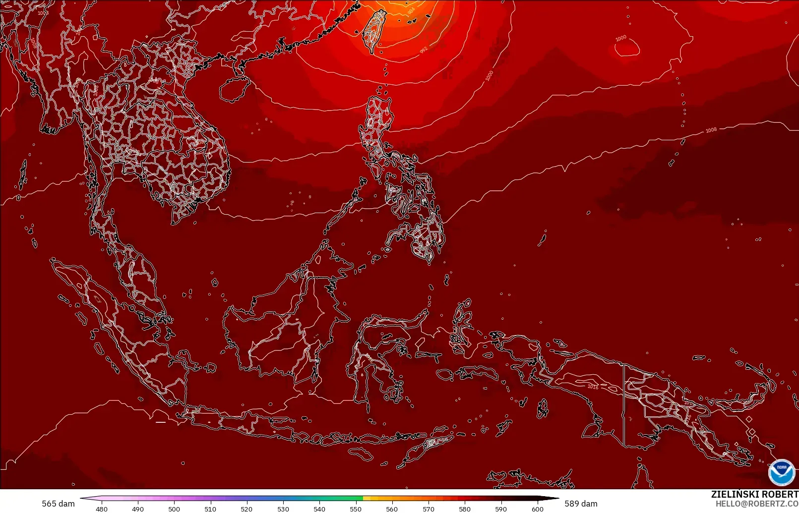 GFS modelo - Sudeste Asiático, Altura geopotencial a 500 hPa