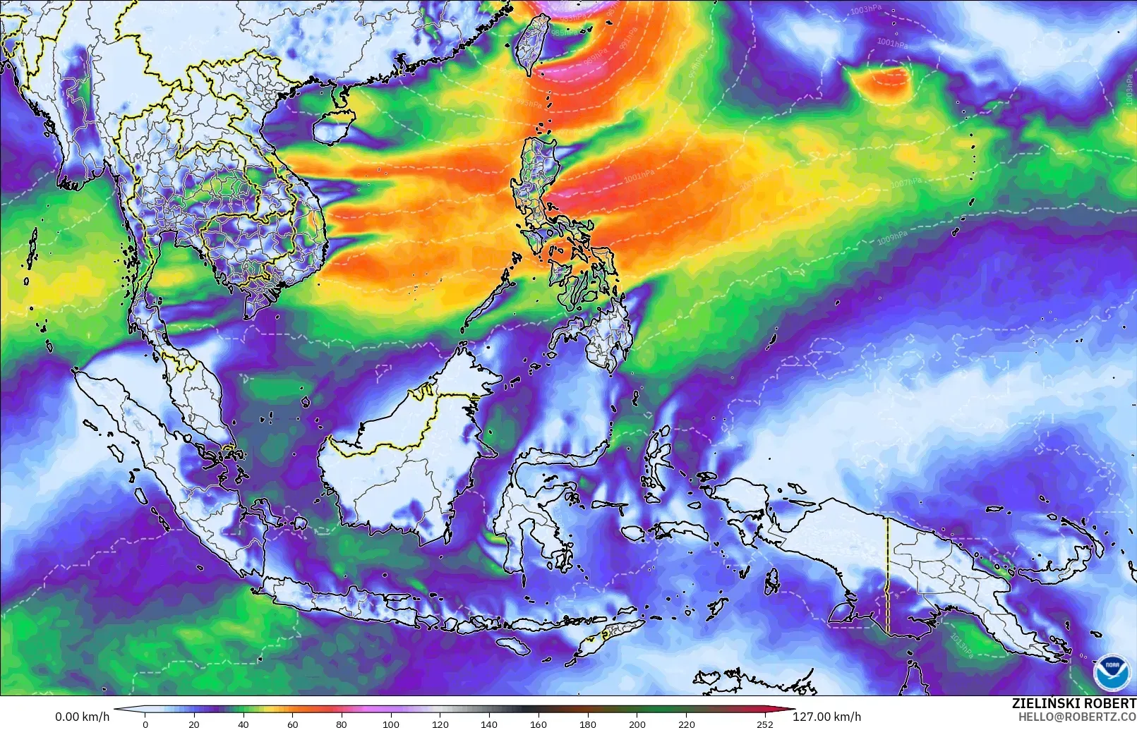 GFS modelo - Sudeste Asiático, Ráfagas de Viento Máximas