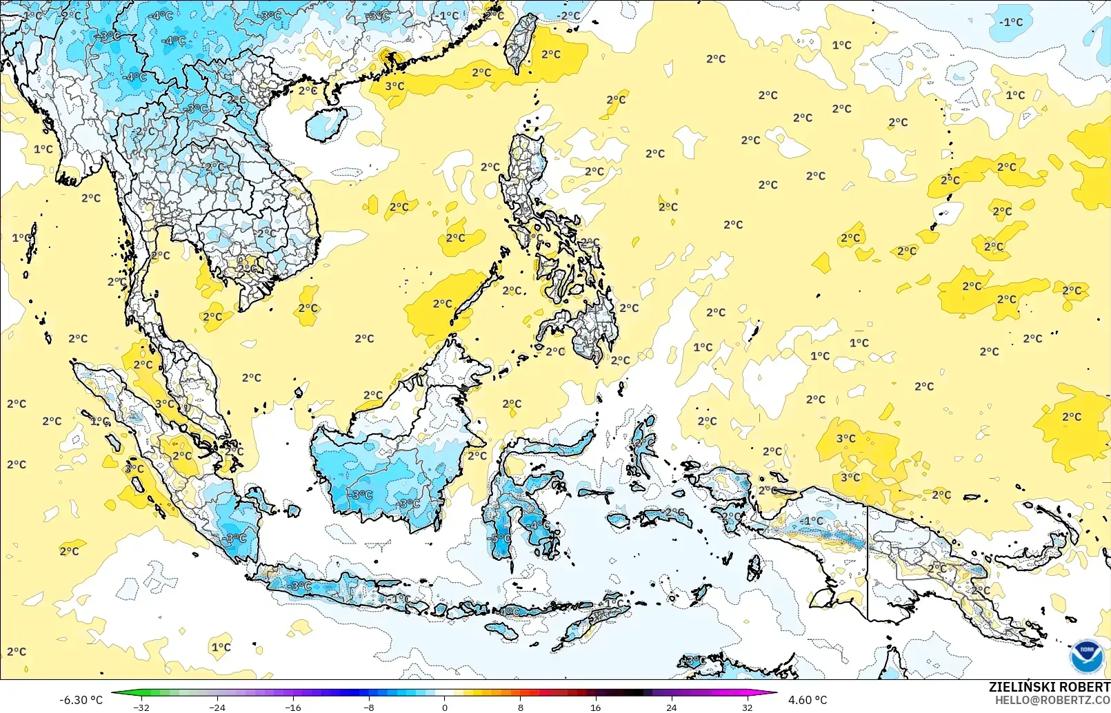 GFS modelo - Sudeste Asiático, Anomalía de temperatura a 2 m