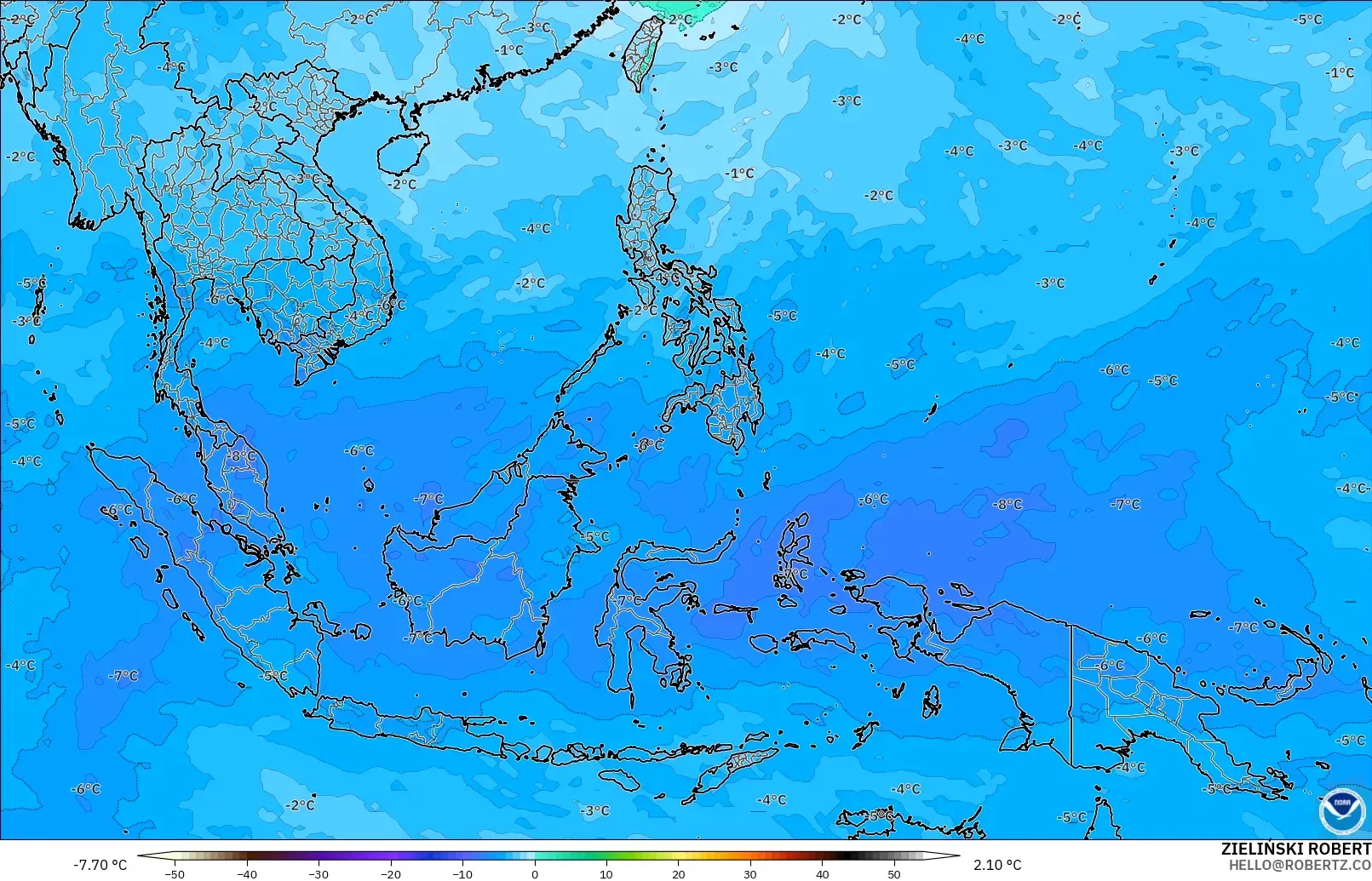 GFS modelo - Sudeste Asiático, Temperatura a 500 hPa