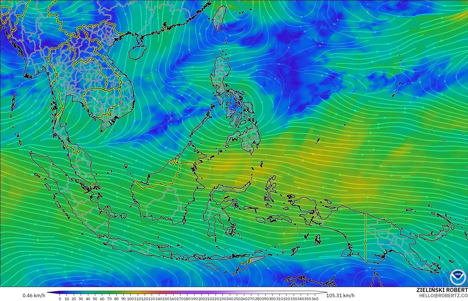 GFS modelo - Sudeste Asiático, Viento a 300 hPa (corriente en chorro)