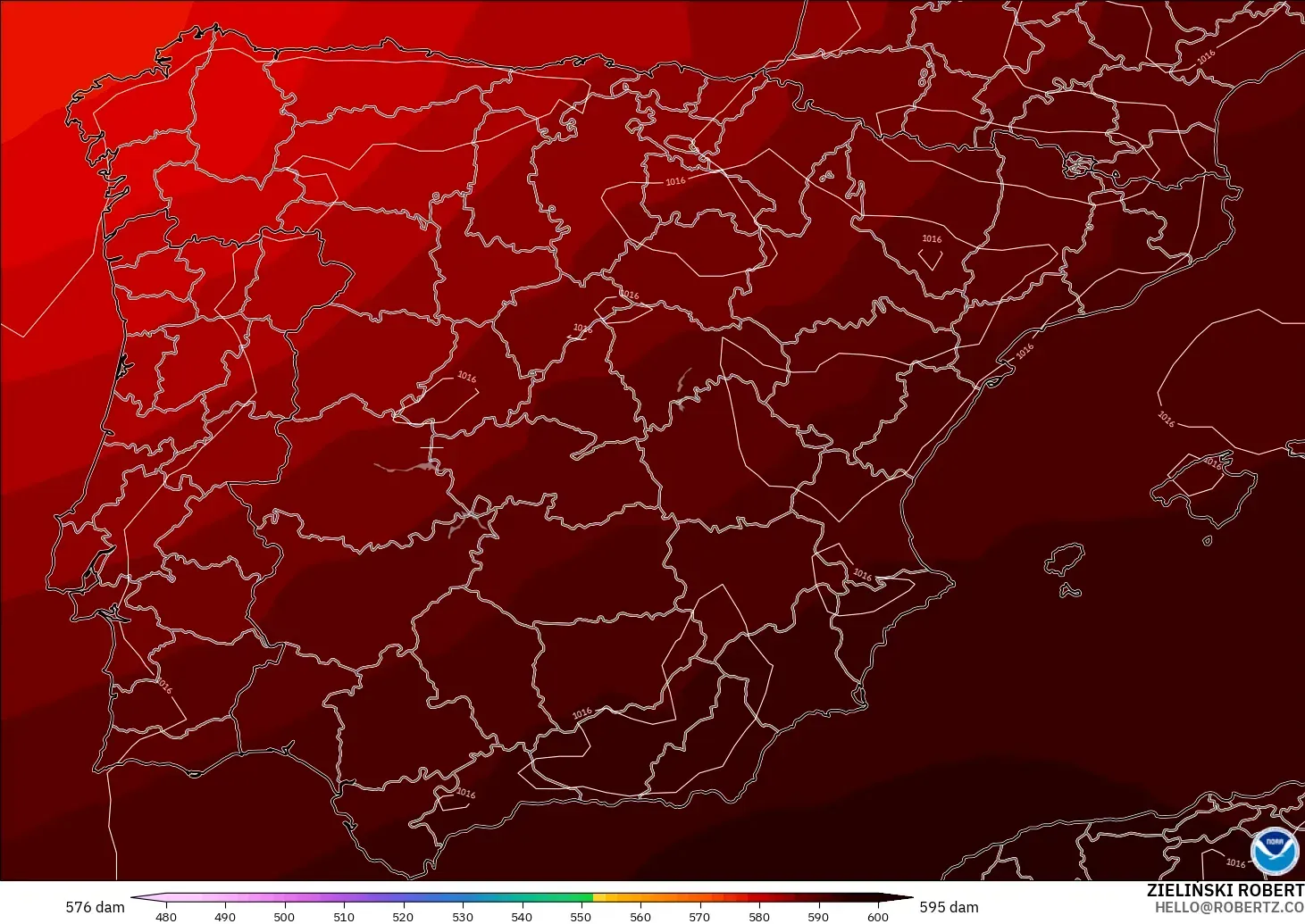 GFS modelo - España, Altura geopotencial a 500 hPa