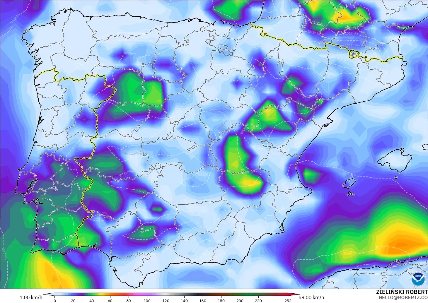 GFS modelo - España, Ráfagas de viento