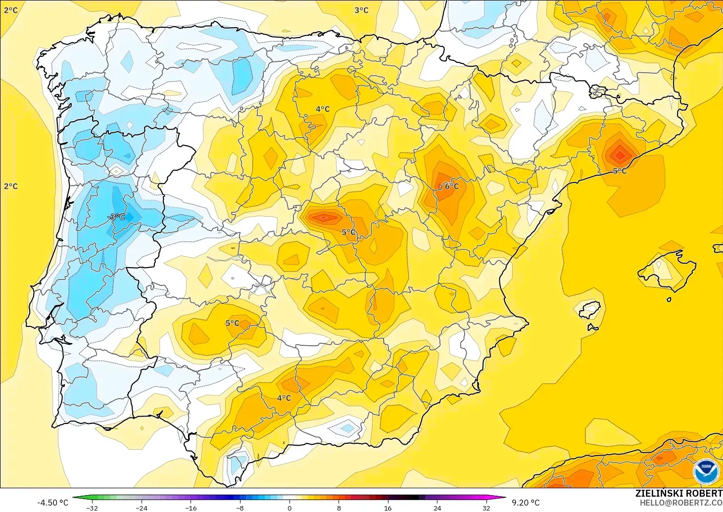 GFS modelo - España, Anomalía de temperatura a 2 m