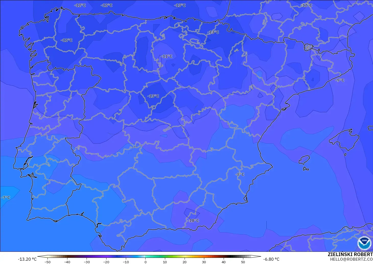 GFS modelo - España, Temperatura a 500 hPa